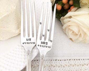 Vintage wedding forks, cake forks,  - Mr and Mrs dated with heart tines, hand stamped and personalized