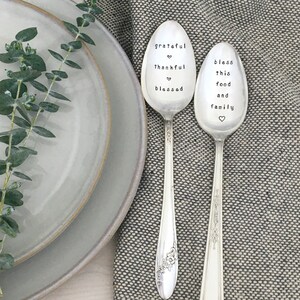 hand stamped serving spoon Grateful, Thankful, Blessed, Thanksgiving serving spoon, hostess gift, housewarming gift image 2