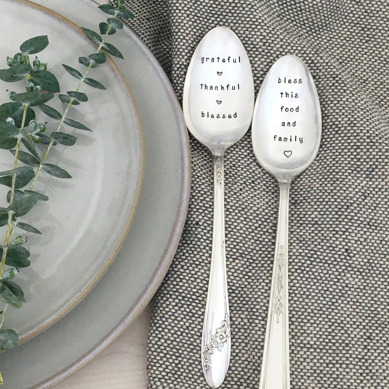 hand stamped serving spoon Grateful, Thankful, Blessed, Thanksgiving serving spoon, hostess gift, housewarming gift image 2