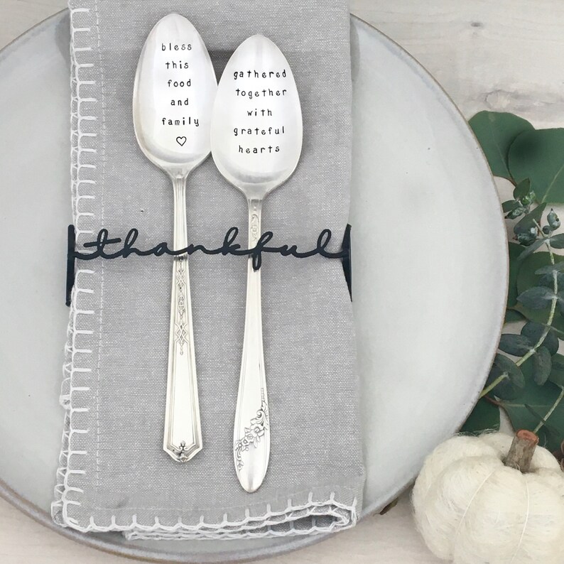 hand stamped serving spoon Bless this food and family Holiday serving spoon, Thanksgiving serving, hostess gift, housewarming, new home image 2