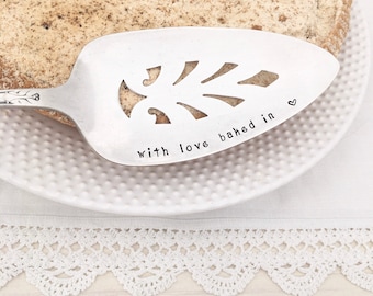 With Love Baked In - hand stamped cake / pie server,  gift for baker, vintage dessert server, hostess gift