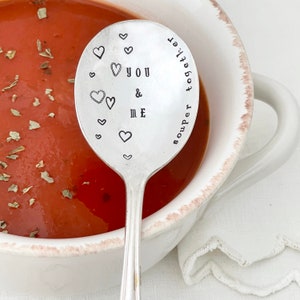 hand stamped soup spoon - You & Me souper together,    personalized vintage silver soup spoon, valentine gift, anniversary gift