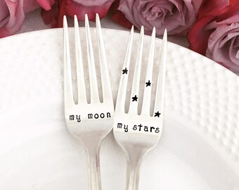 Hand Stamped Wedding Forks - My moon & My stars, celestial wedding, wedding cake forks, engagement gift, first anniversary, bridal shower