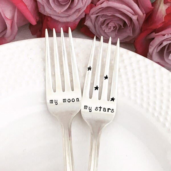 Hand Stamped Wedding Forks - My moon & My stars, celestial wedding, wedding cake forks, engagement gift, first anniversary, bridal shower