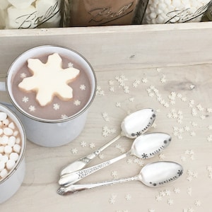 May include: Three silver spoons with personalized names "Grady", "Abigail", and "Benjamin" on a white surface with white snowflake sprinkles.
