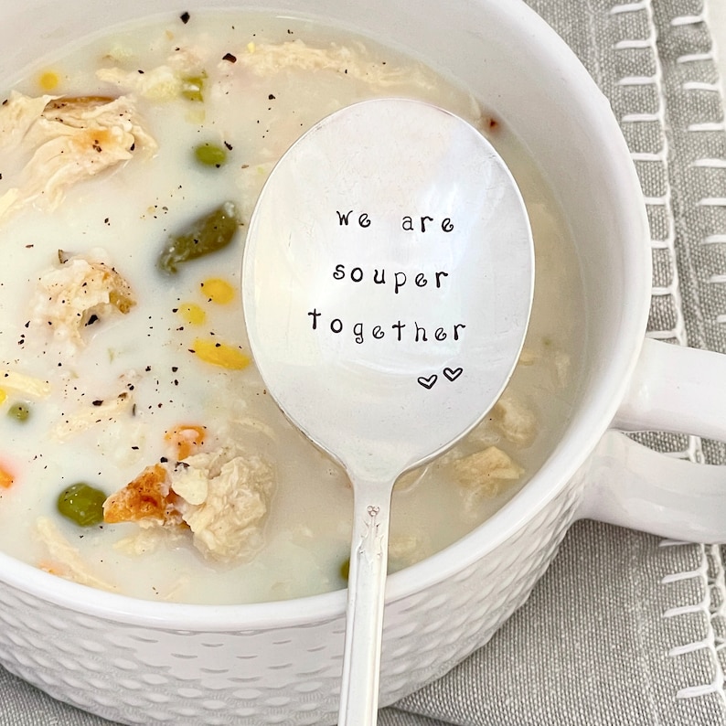 hand stamped soup spoon we are souper together, personalized vintage silver soup spoon image 1