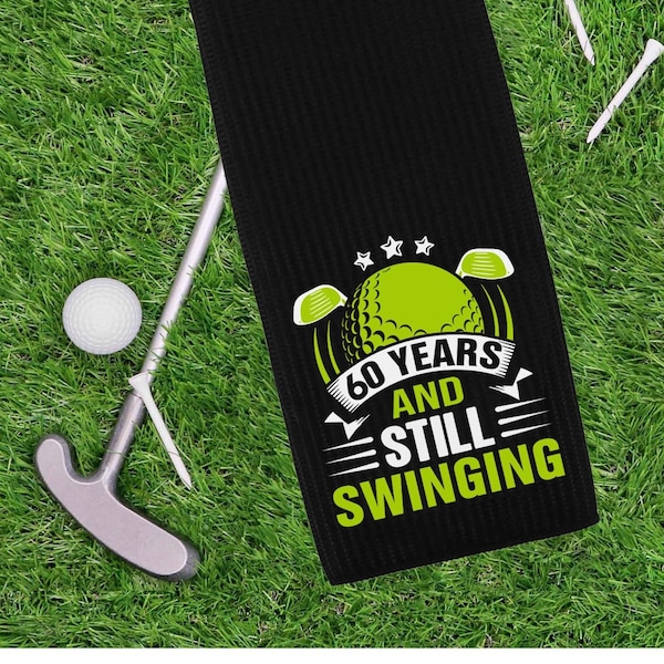 60 Years and Still Swinging Tri-fold Golf Towel with Clip 100% Microfiber Black Waffle Weave Gift Idea for Golfer Men for 80th Birthday