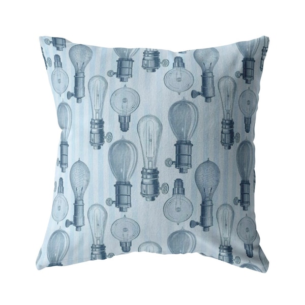 Vintage Light Bulb Pillow or Zip Cover | Blue Home Decor Victorian Steampunk Antique