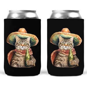 Cat Wearing a Sombrero Drinking Beer Can Cooler Sleeves - 12oz Beverage Beer Soda Cover Cinco de Mayo Novelty Party Favor Decor Gift