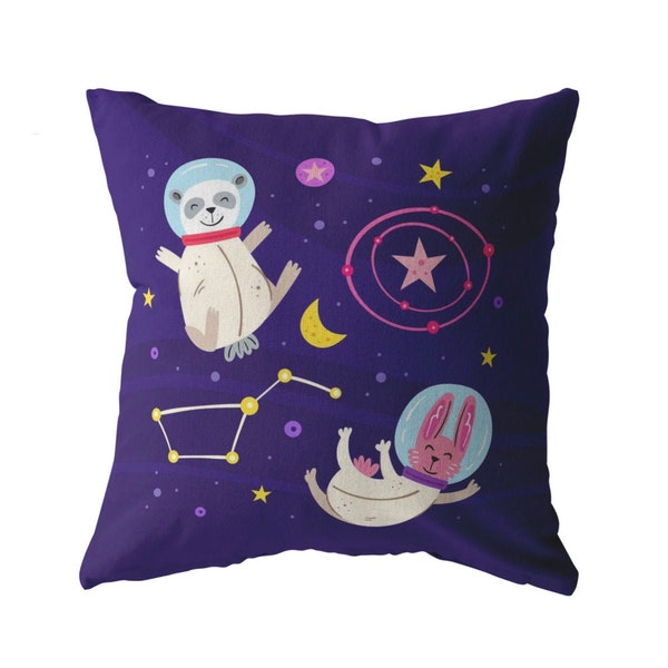 Panda and Bunny Astronaut Pillow Cover | Purple Space Theme Baby Shower Gift | Kids Boy Girl Constellation Animal Room Decor | Birthday Idea