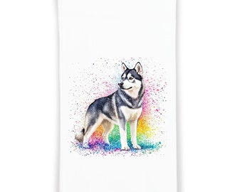 Puede incluir: Un perro husky blanco y negro de pie sobre un fondo de arcoíris colorido con un efecto de pintura salpicada.