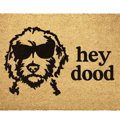 Funny Golden Doodle Doormat – 23.6x15.7 Inch Natural Coir Mat With Non-Slip PVC Back, Hey Dood Welcome Mat