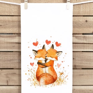 Two Foxes Tea Towel, 27x27 Flour Sack Hand Towel, Valentine's Day Birthday Mother's Day Christmas Gift Idea for Fox Lovers