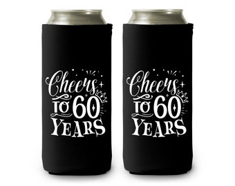 Cheers to 60 Years Skinny Can Cooler Sleeves - Insulated 12oz Beverage Beer Soda Party Decor Favors 60th Birthday Anniversary