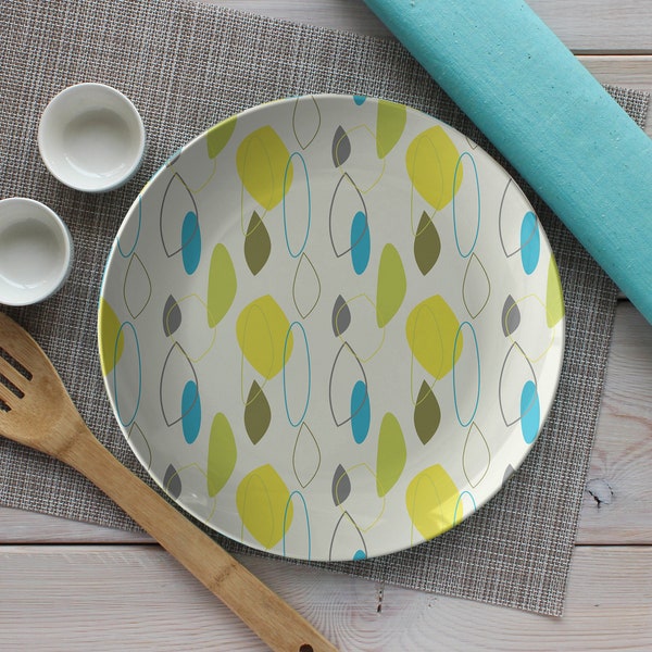 Mid Century Modern Plates | Teal Blue Green Yellow Geometric Pattern | Colorful Dinnerware Set | Mothers Day or Birthday Gift for Women Mom