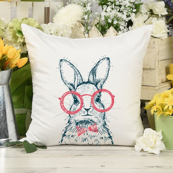 Hipster Bunny with Red Glasses and Bow Tie Throw Pillow or Zip Pillow Cover | Spring Easter Farmhouse Home Decor Bed Couch Cushion Zip Gift