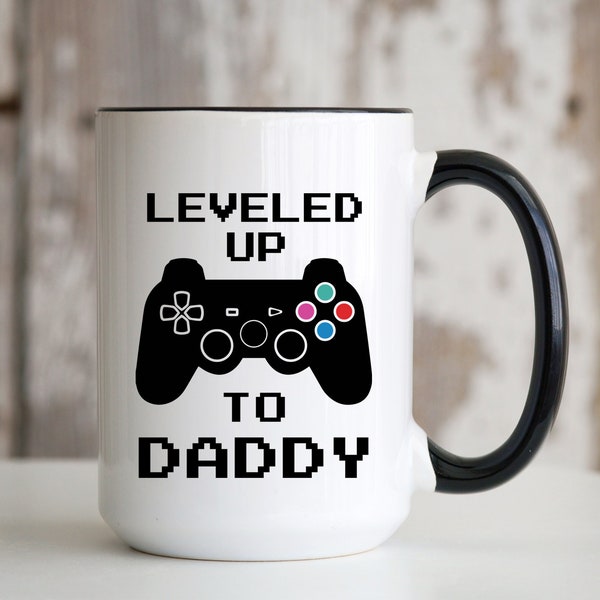 Leveled Up to Daddy 15oz Mug | Gamer Gaming New Dad to Be Pregnancy Announcement Birthday Christmas Fathers Day Congratulations Gift Idea