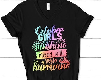 October Girls are Sunshine Mixed with a Little Hurricane V-Neck Shirt for Women | Zodiac Astrological Gift | Libra Birthday Horoscope Tee