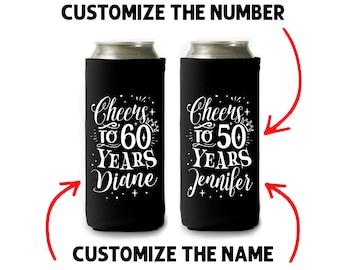 Personalized Cheers to Birthday Skinny Can Cooler Sleeves - Insulated 12oz Beverage Beer Soda Party Decor Favors Customized Slim Can Coozies