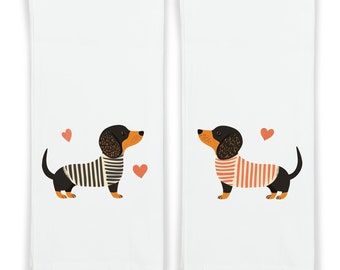 Set of 2 Dachshund Kitchen Towels 100% Cotton Flour Sack Towel - Doxie Weiner Dog Housewarming Hostess Birthday Christmas Mothers Day Gift