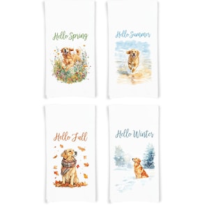 May include: Four kitchen towels featuring a golden retriever dog in different seasonal settings. The towels read "Hello Spring", "Hello Summer", "Hello Fall", and "Hello Winter".