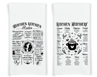 Witches Kitchen Rules and Kitchen Witchery Flour Sack Kitchen Towels Witch Birthday Christmas Housewarming Hostess Halloween Witchy Gift
