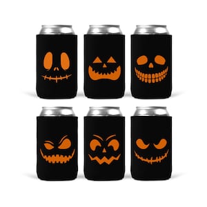 Halloween Jack o Lantern Face Can Coolers - Insulated 12 oz Beverage Beer Soda Cozy Party Decor Supplies Decorations Favors Set of 6 or 12