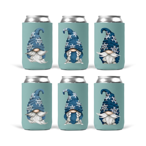 Blue Winter Gnomes Can Cooler Sleeves - Insulated 12oz Beverage Beer Soda Drink Christmas Party Favors Decor Decorations