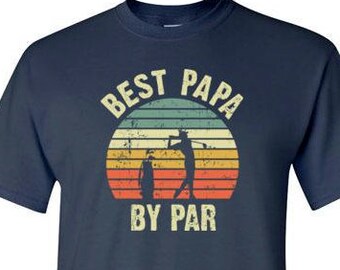 May include: Navy blue t-shirt with a vintage-style graphic of a golfer and the text "Best Papa By Par".