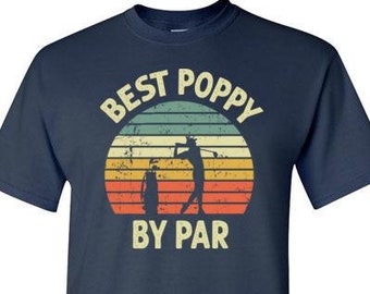 May include: Navy blue t-shirt with a vintage-style graphic of a golfer and the text "Best Poppy By Par".
