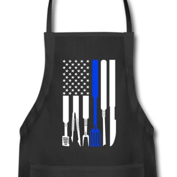 American Flag Thin Blue Line Grilling Tools Adjustable Apron with Pockets Father Day Birthday Gift for Men Dad Grandpa Patriotic Police Him