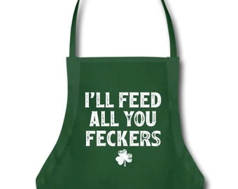 I'll Feed All You Feckers Adjustable St Patricks Day Apron with Pocket for Women Men Bartender Server Waiter Saint Paddy's Patty's Party