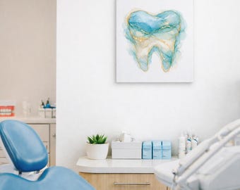 Dental Artwork, Abstract Tooth Wall Art, Modern Orthodontist Office Decor, Dentist Wall Art Print, Blue Gold Watercolor Tooth