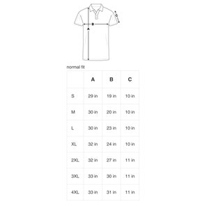 May include: Size chart for a polo shirt with measurements in inches for neck, chest, and sleeve length. Sizes range from S to 4XL.