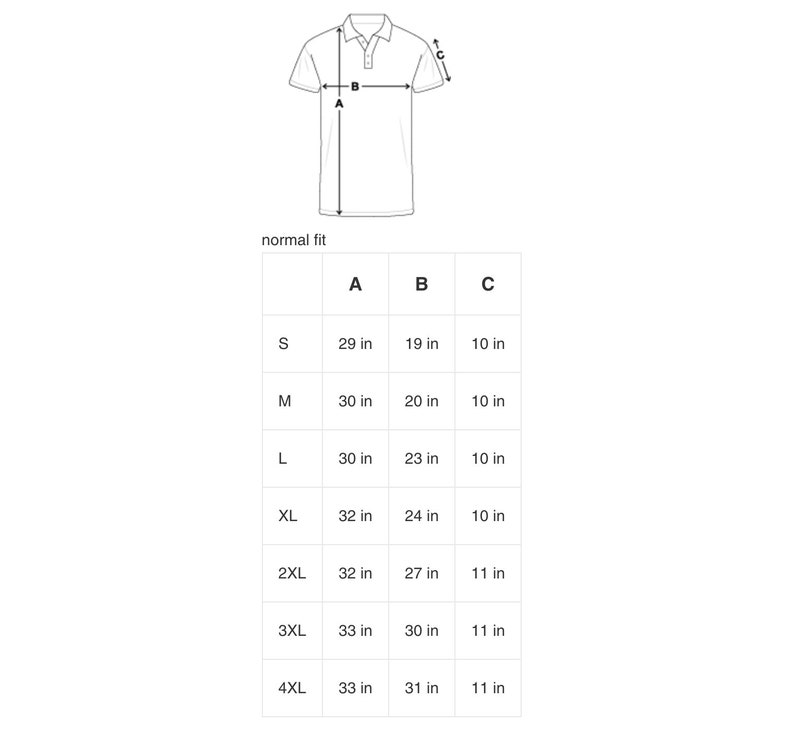 May include: Size chart for a polo shirt with measurements in inches for neck, chest, and sleeve length. Sizes range from S to 4XL.