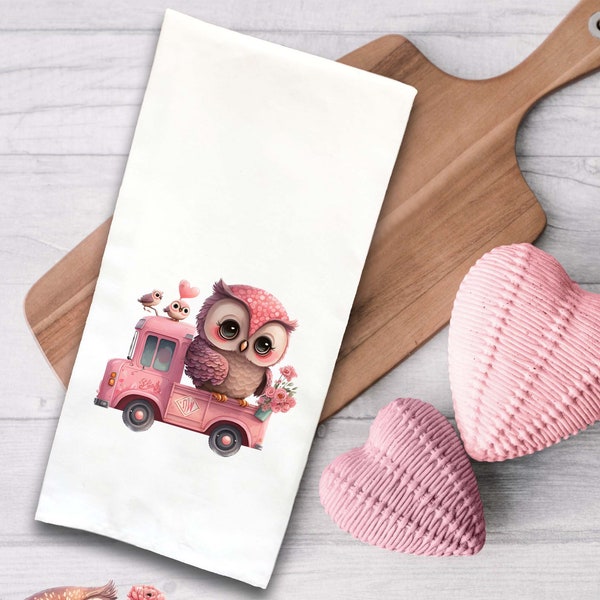 Chibi Owl in a Pink Truck Valentine Tea Towel Cute Pink Hand Flour Sack Dish Towel Valentine's Birthday Mothers Day Gift Idea