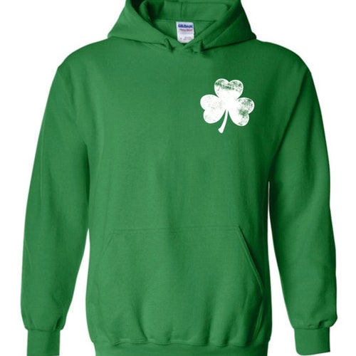 Distressed Shamrock St. Patrick's Day Hoodie Green White Pullover Sweatshirt for Men Women Irish Gaelic Cheers St Patricks Clover Outfit