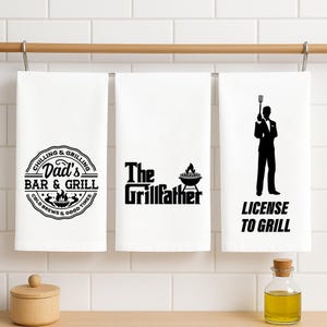 Funny BBQ Kitchen Towels – Set of 3 | The Grillfather, License to Grill, Dad&#39;s Bar & Grill | Father&#39;s Day Gift, BBQ Towel Set