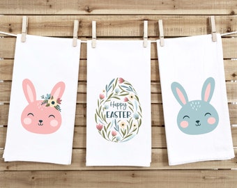 Set of 3 Pastel Easter Towels Pink Girl Blue Boy Bunny Happy Easter Egg Cute Flour Sack Dish Bathroom or Kitchen Decor Decorative Hand Towel