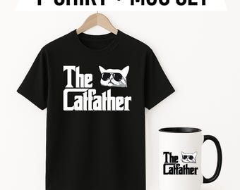 The Catfather Mug and Shirt Gift Set | Funny Father’s Day Gift for Cat Dad | Cat Lover T-Shirt & Coffee Mug Bundle for Him