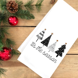 Tis the Season Black and White Christmas Tree Hand Towel Flour Sack Kitchen Holiday Home Decor Decorations for Men Women