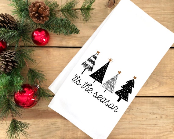 Tis the Season Black and White Christmas Tree Hand Towel Flour Sack Kitchen  Holiday Home Decor Decorations for Men Women 