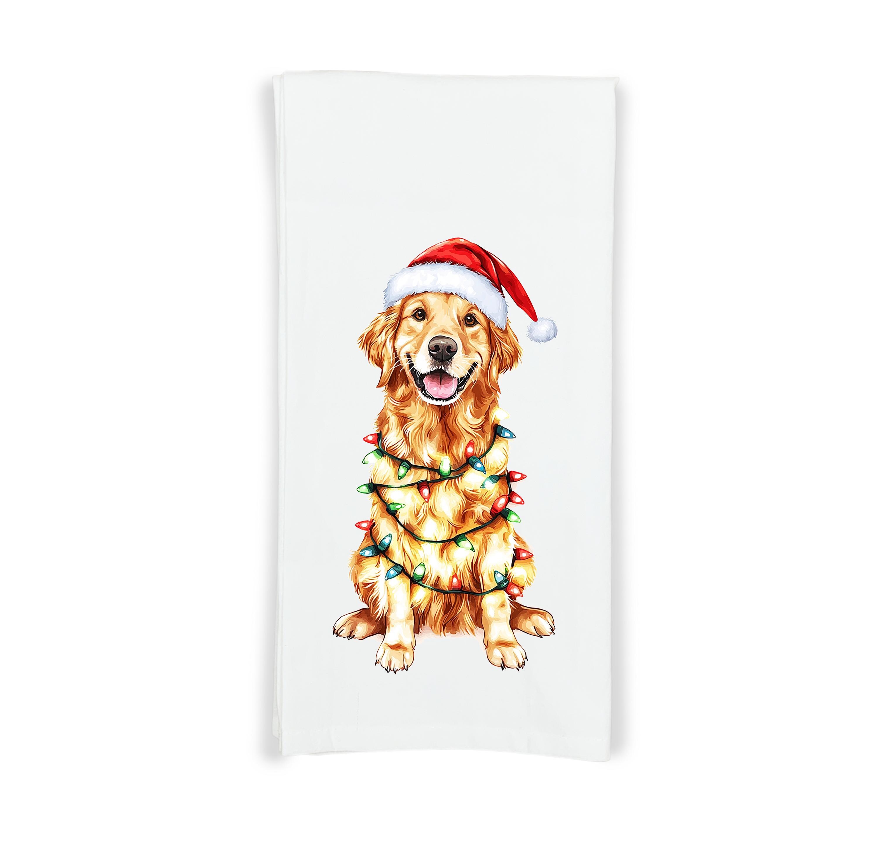 Golden Retriever Wrapped in Christmas Lights Flour Sack Cotton Hand ...