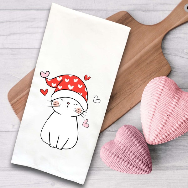 Cat Hearts Hat Valentine Flour Sack Kitchen Towel Funny Cute Red White Kitty Hand Tea Valentine's Day Decor Dish Towels Birthday Gift Idea