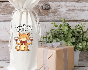 Eat Drink and Be Merry Cat Christmas Wine Gift Bag Carrier for Single Bottle, Holiday Xmas Hostess Gift