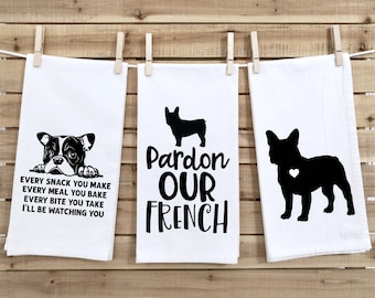 Set of 3 French Bulldog Flour Sack Kitchen Towels Funny Frenchie Dog Hand Tea Dish Towels Birthday Housewarming Christmas Gift for Women Men