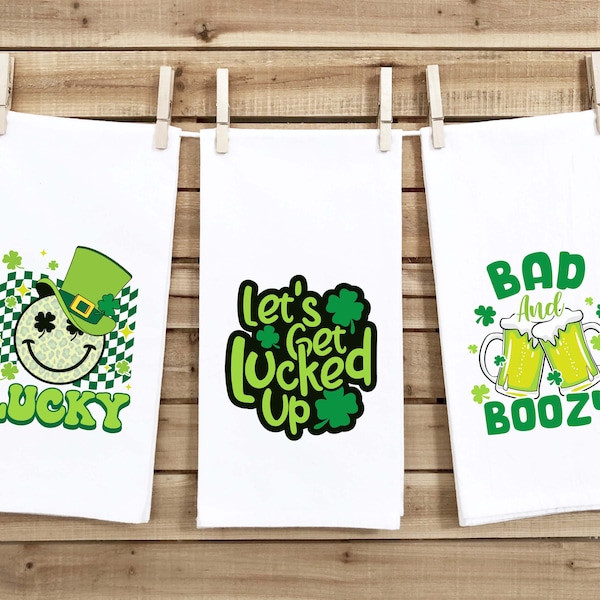 Set of 3 St. Patrick's Day Tea Towels Cute Funny Flour Sack Dish Saint Patricks Bathroom or Kitchen Decor Decorative Hand Towel