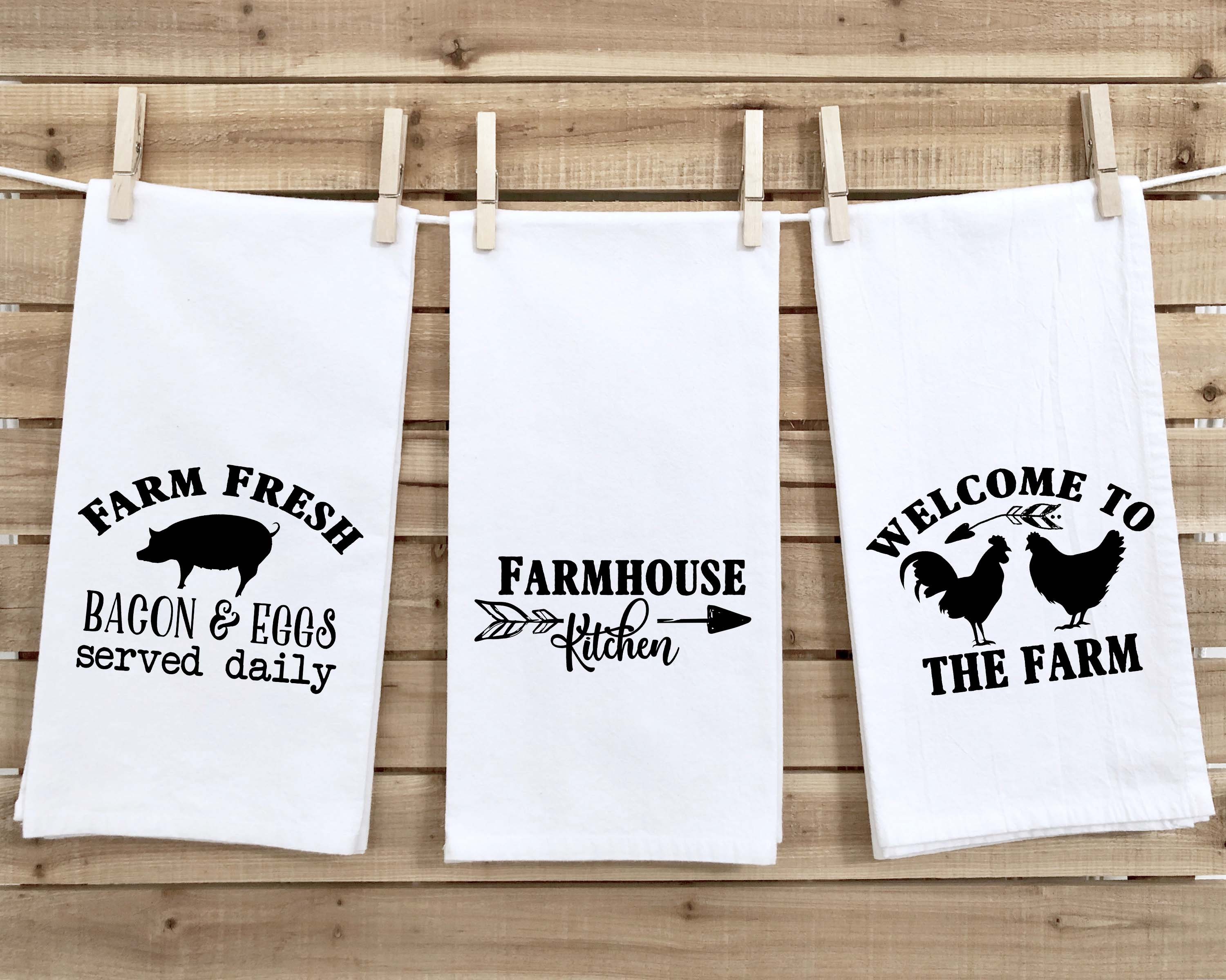 Set of 3 Farmhouse Flour Sack Kitchen Towels Cute Funny Hand Tea