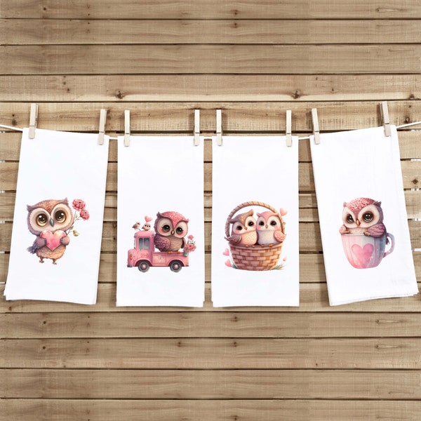 Set of 4 Chibi Owl Valentine Tea Towels Cute Pink Truck Heart Balloon Basket Hand Flour Sack Dish Towel Valentine's Day Birthday Mothers Day