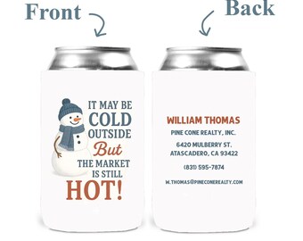 Custom Realtor Holiday Can Cooler | Personalized Real Estate Agent Promo Gift | Business Card | Open House Giveaway | Holiday Client Gift